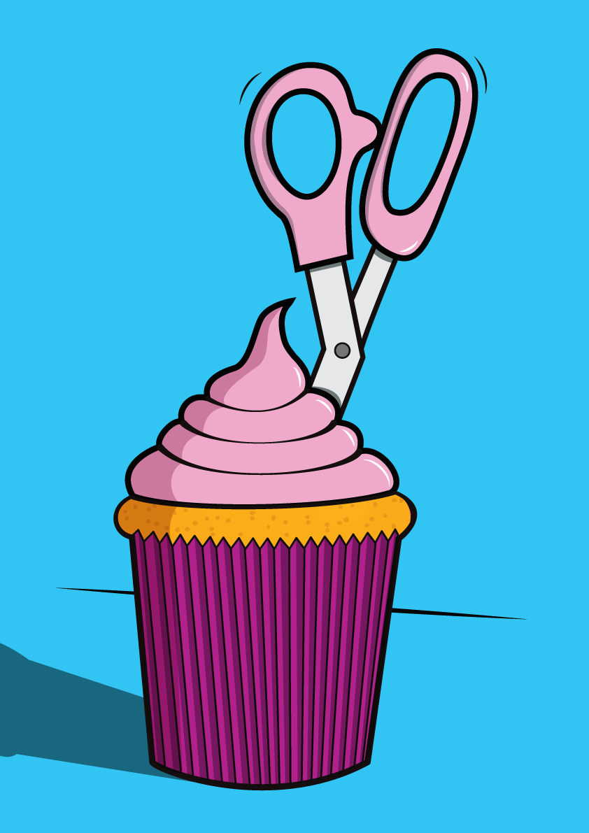 une illustration d'un cupcake avec un ciseau planté dans le glacage rose